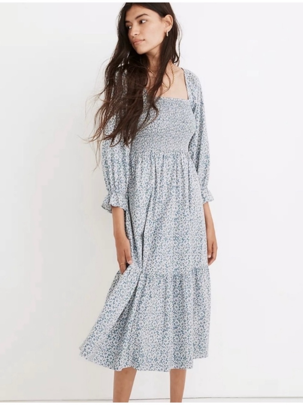 Madewell Women’s Sz M Blue Smocked Midi Dress Floral Elbow Sleeve Tiered